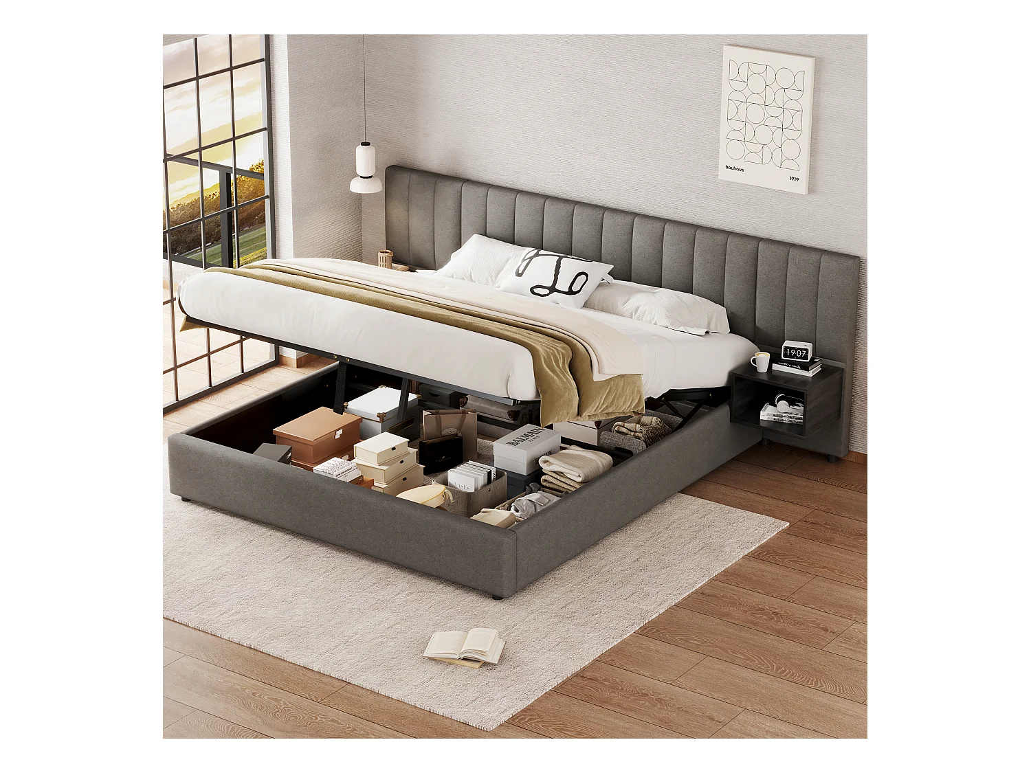 Cama box cinza 180x200 com armazenamento hidráulico, estrado de ripas e 2 mesas de cabeceira