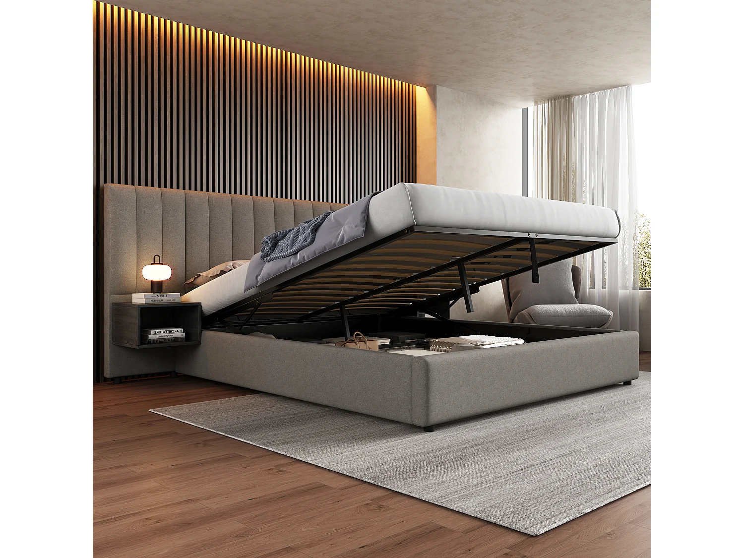 Cama box cinza 180x200 com armazenamento hidráulico, estrado de ripas e 2 mesas de cabeceira