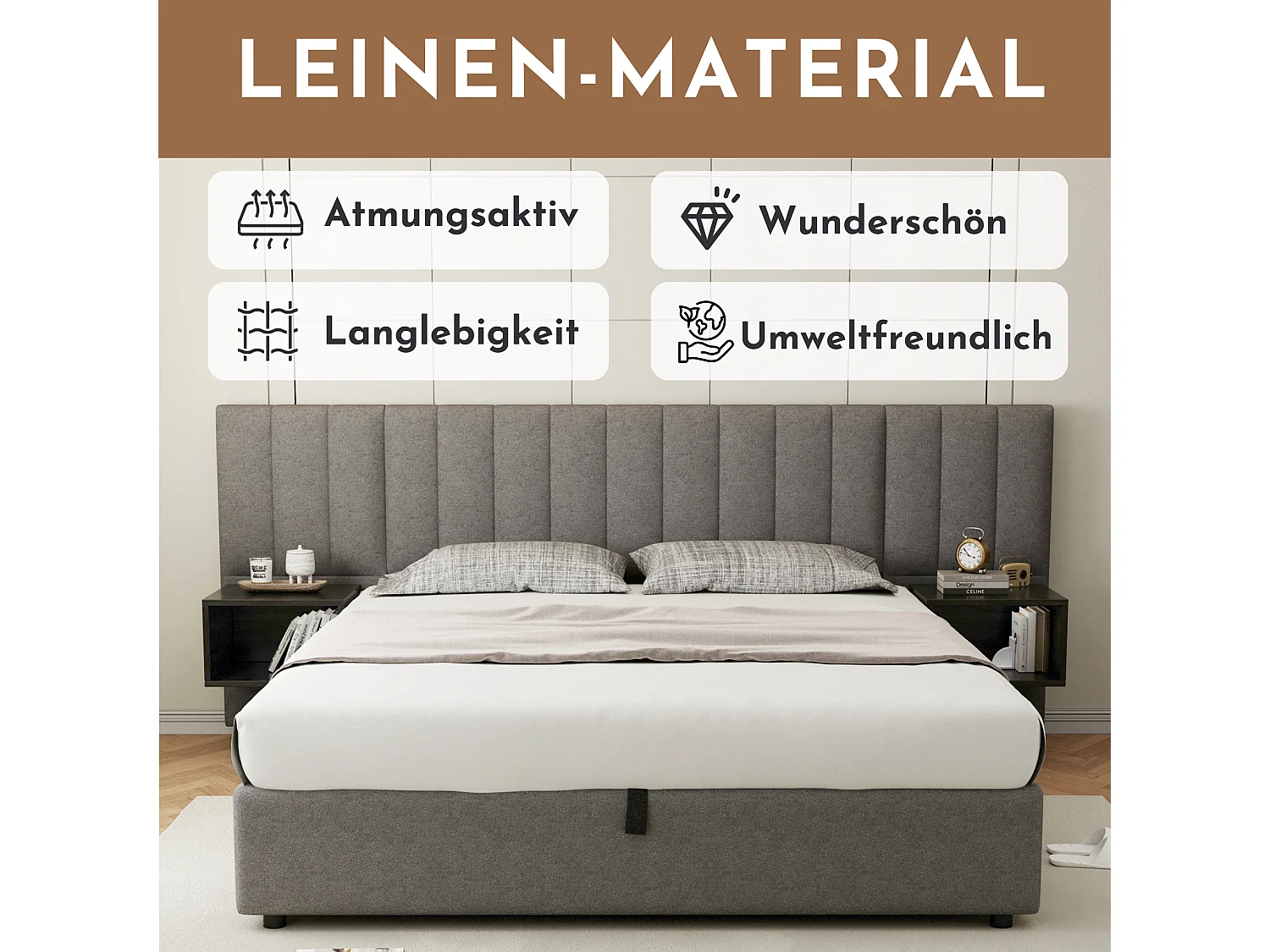 Cama box cinza 180x200 com armazenamento hidráulico, estrado de ripas e 2 mesas de cabeceira