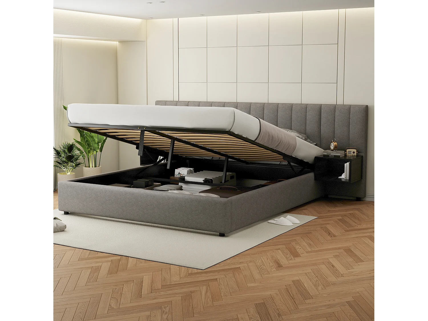 Cama box cinza 180x200 com armazenamento hidráulico, estrado de ripas e 2 mesas de cabeceira