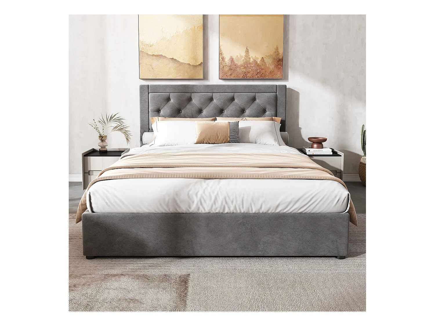 Cama estilo Chesterfield de veludo cinza 140x200 cm com cabeceira estofada