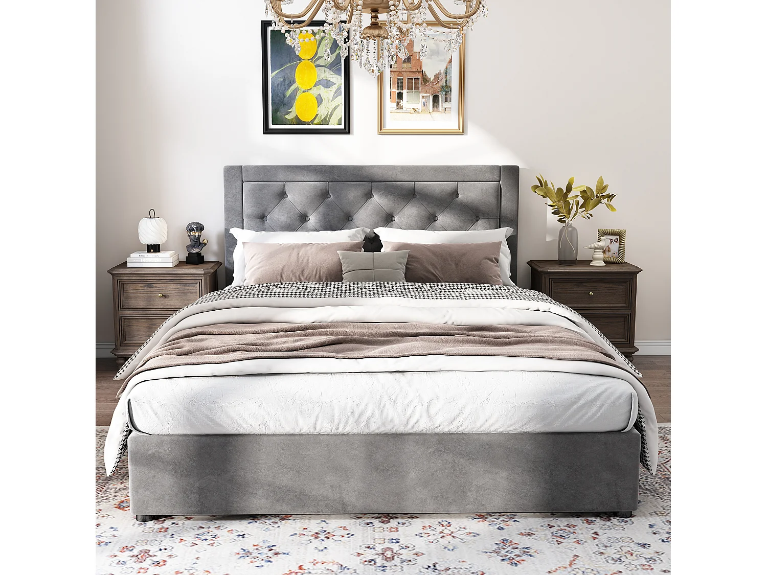 Cama estilo Chesterfield de veludo cinza 140x200 cm com cabeceira estofada