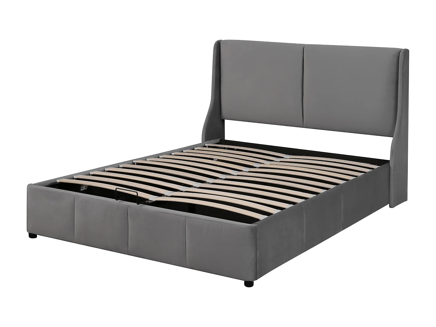 Cama de casal com arrumação 140x200 cm em veludo cinzento com cabeceira estofada e arrumação hidráulica