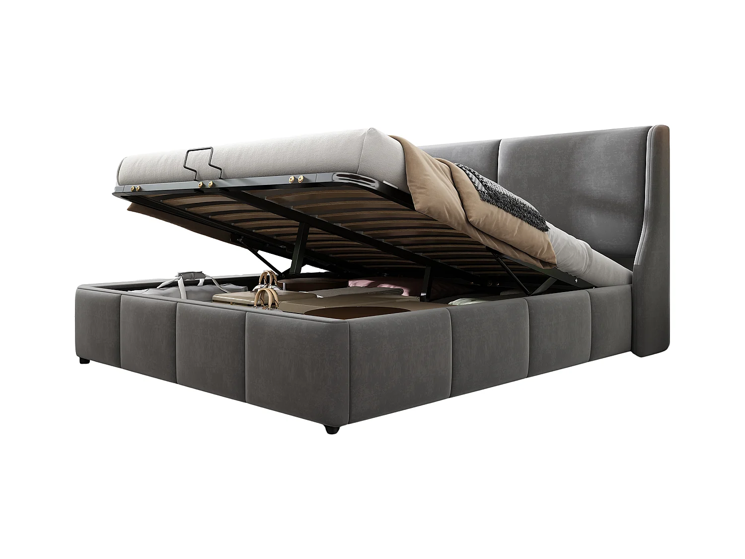 Cama doble canapé 180x200 cm terciopelo gris con cabecero tapizado y canapé hidráulico