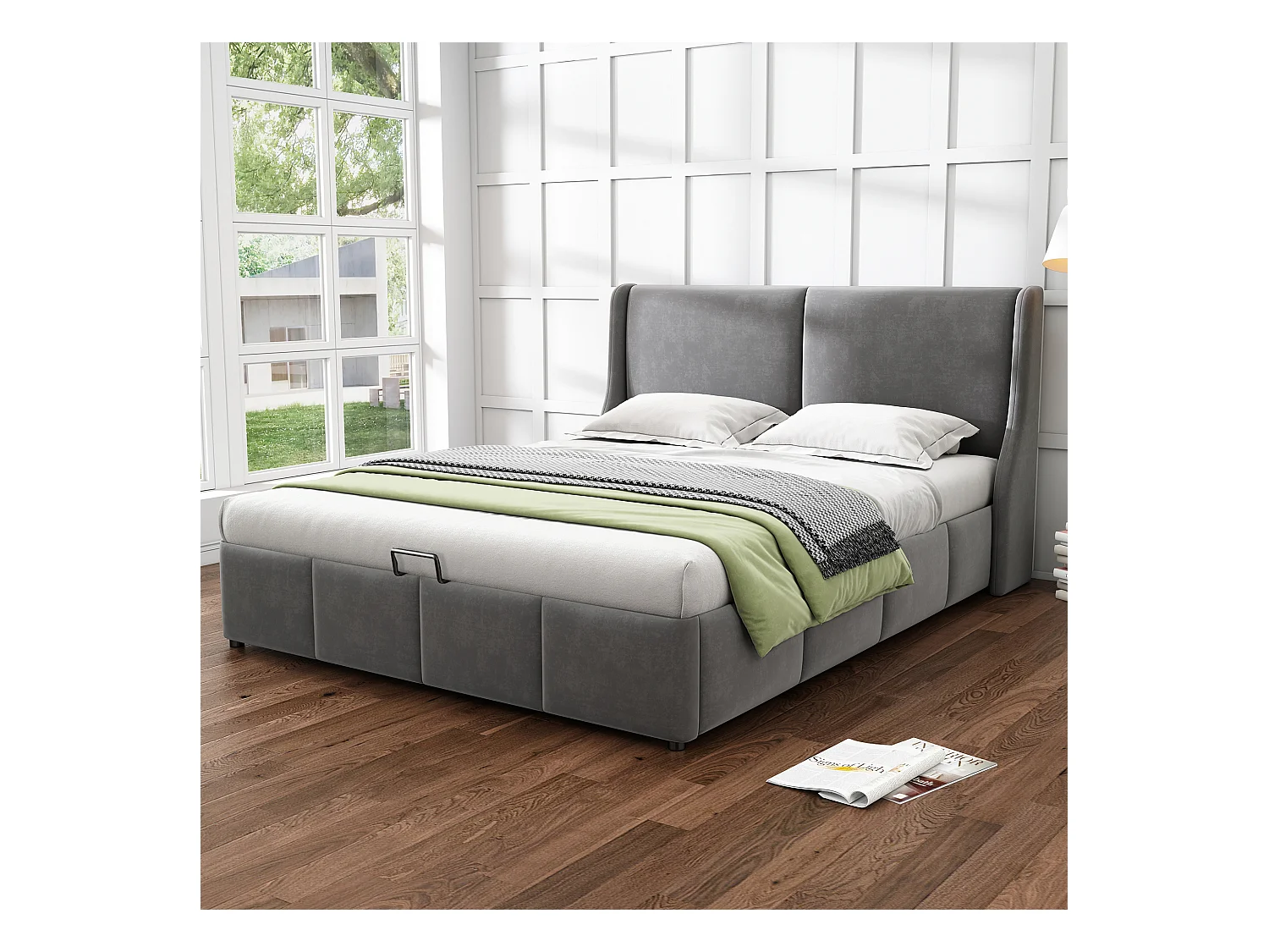 Cama doble canapé 180x200 cm terciopelo gris con cabecero tapizado y canapé hidráulico