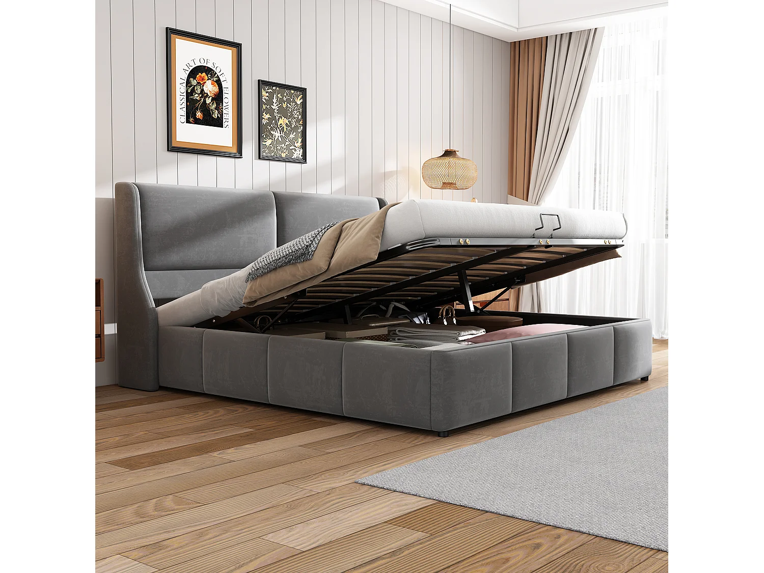 Coffre illuminato doppio 180x200 cm grigio in velluto con tête de lit capitonnée et rangement hydraulique