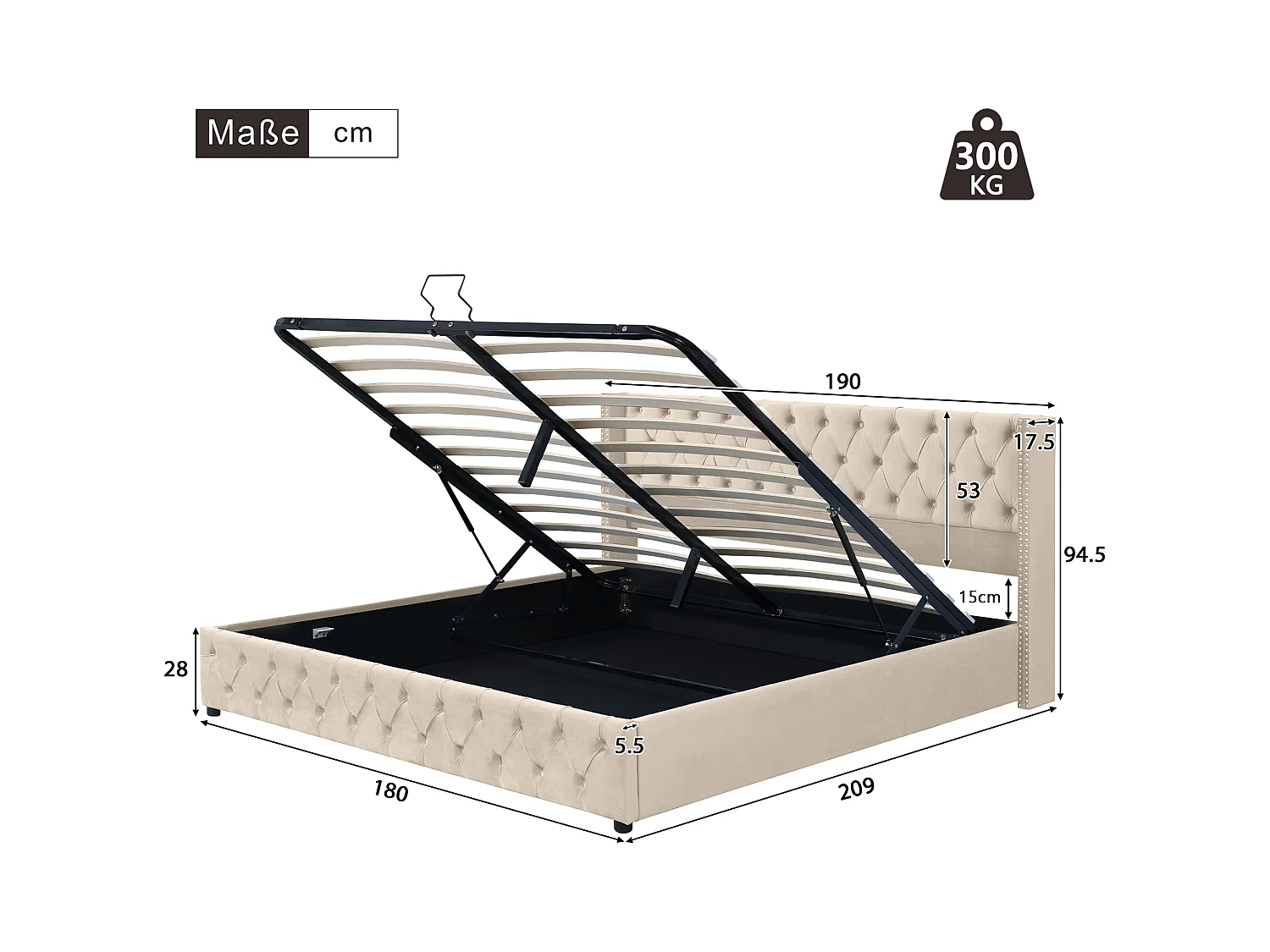 Coffre doppio illuminato 180x200 cm beige in flanella con tête de lit capitonnée et rangement hydraulique