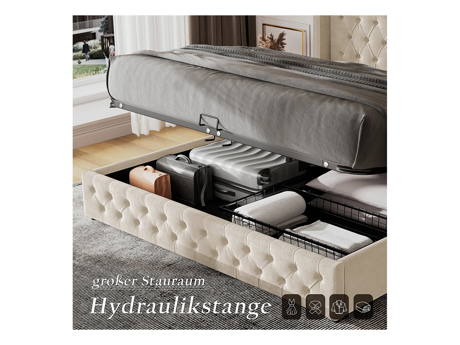 Coffre doppio illuminato 180x200 cm beige in flanella con tête de lit capitonnée et rangement hydraulique