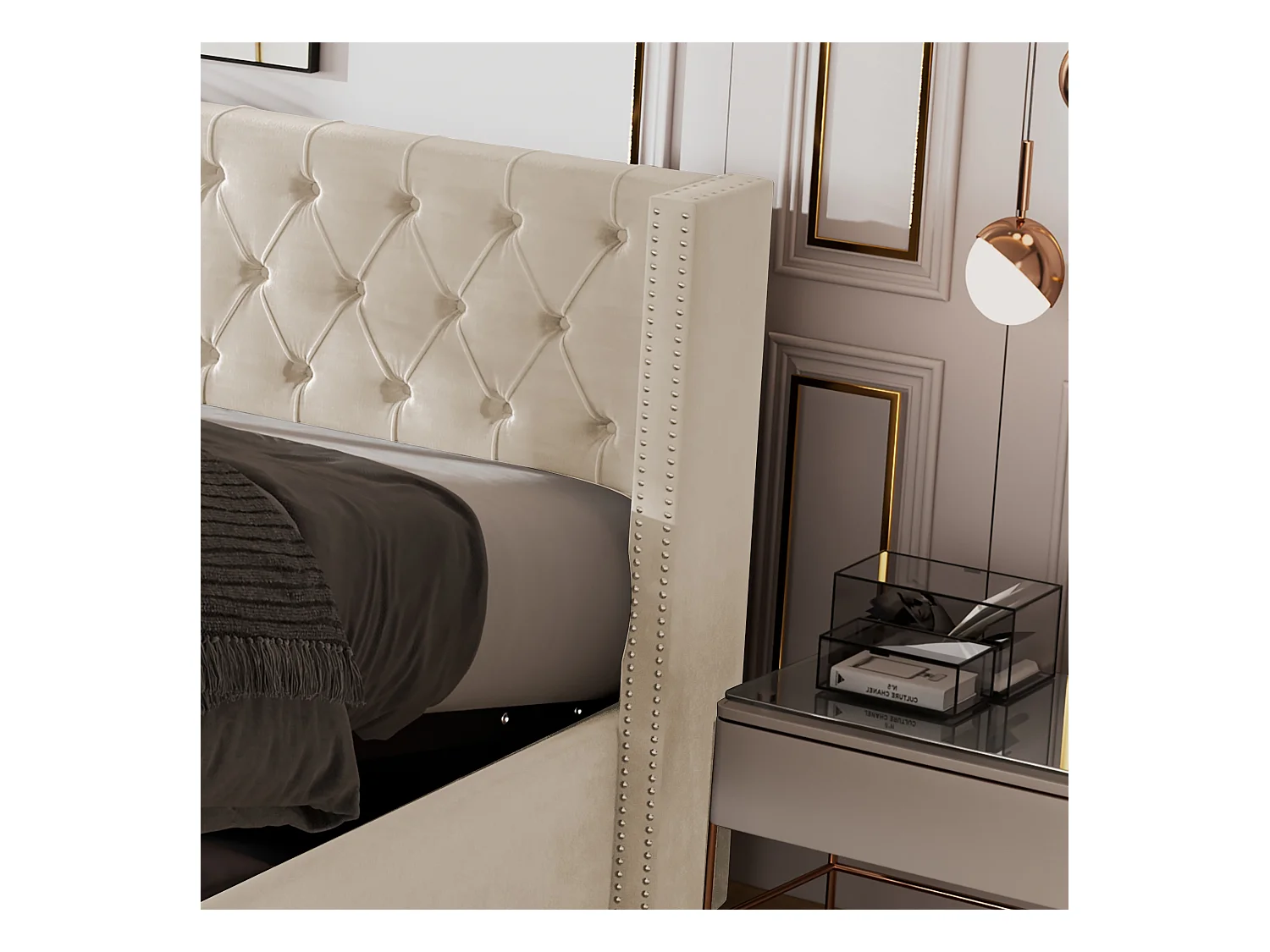 Coffre doppio illuminato 180x200 cm beige in flanella con tête de lit capitonnée et rangement hydraulique