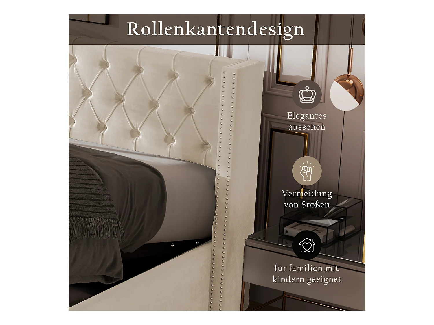 Coffre doppio illuminato 180x200 cm beige in flanella con tête de lit capitonnée et rangement hydraulique