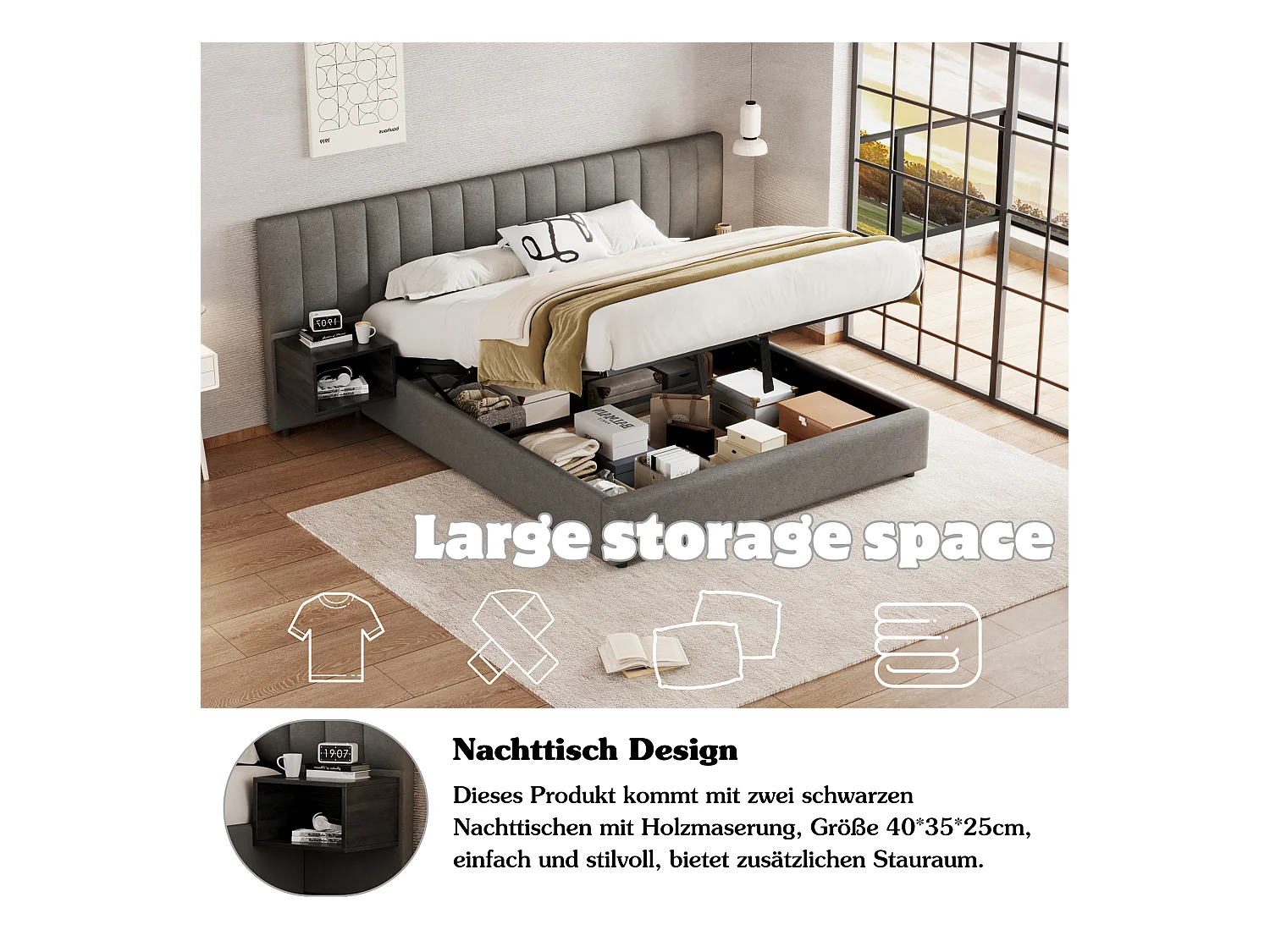 Cama box cinza 160x200 com armazenamento hidráulico, estrado de ripas e 2 mesas de cabeceira