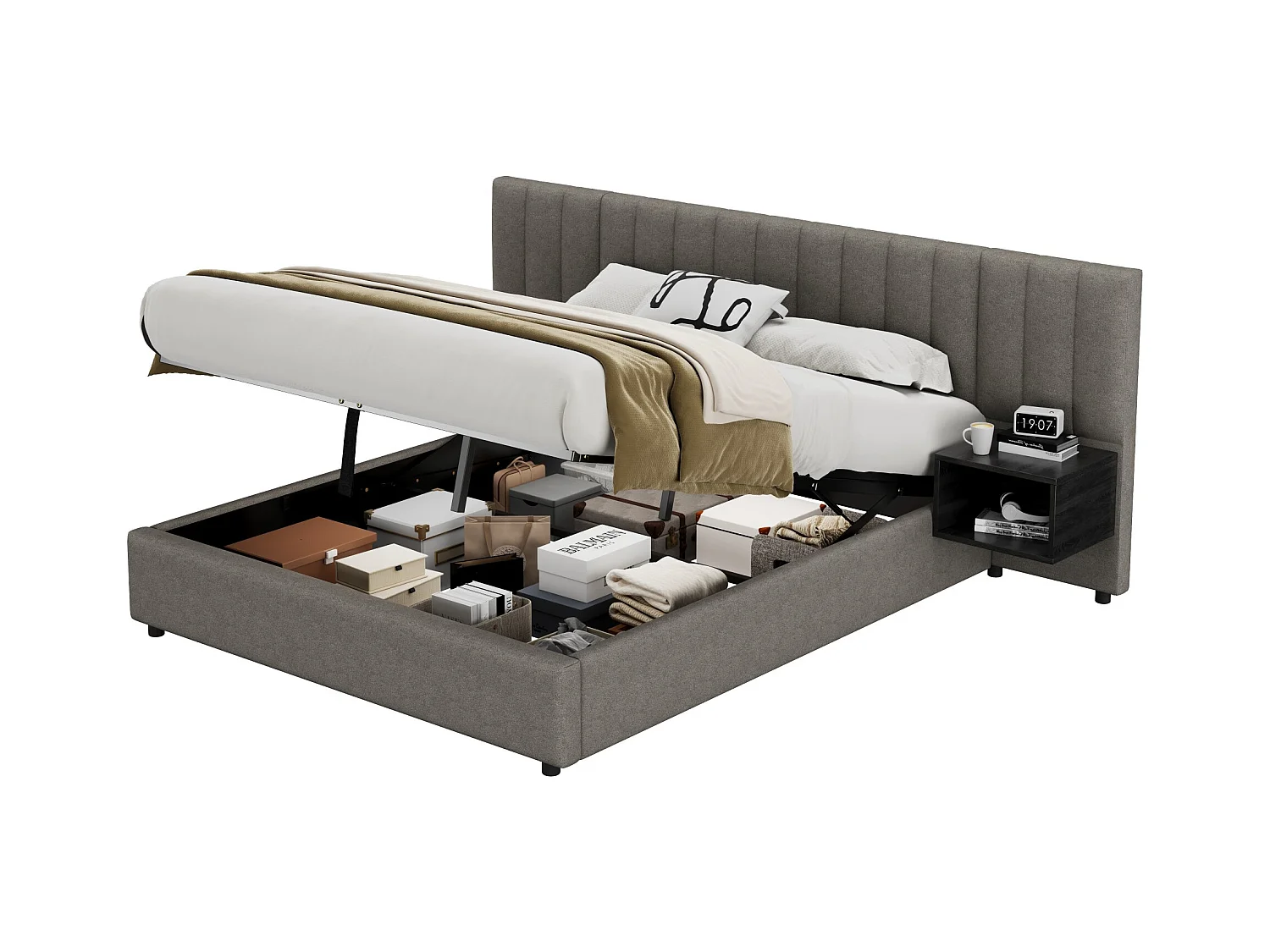 Cama box cinza 160x200 com armazenamento hidráulico, estrado de ripas e 2 mesas de cabeceira