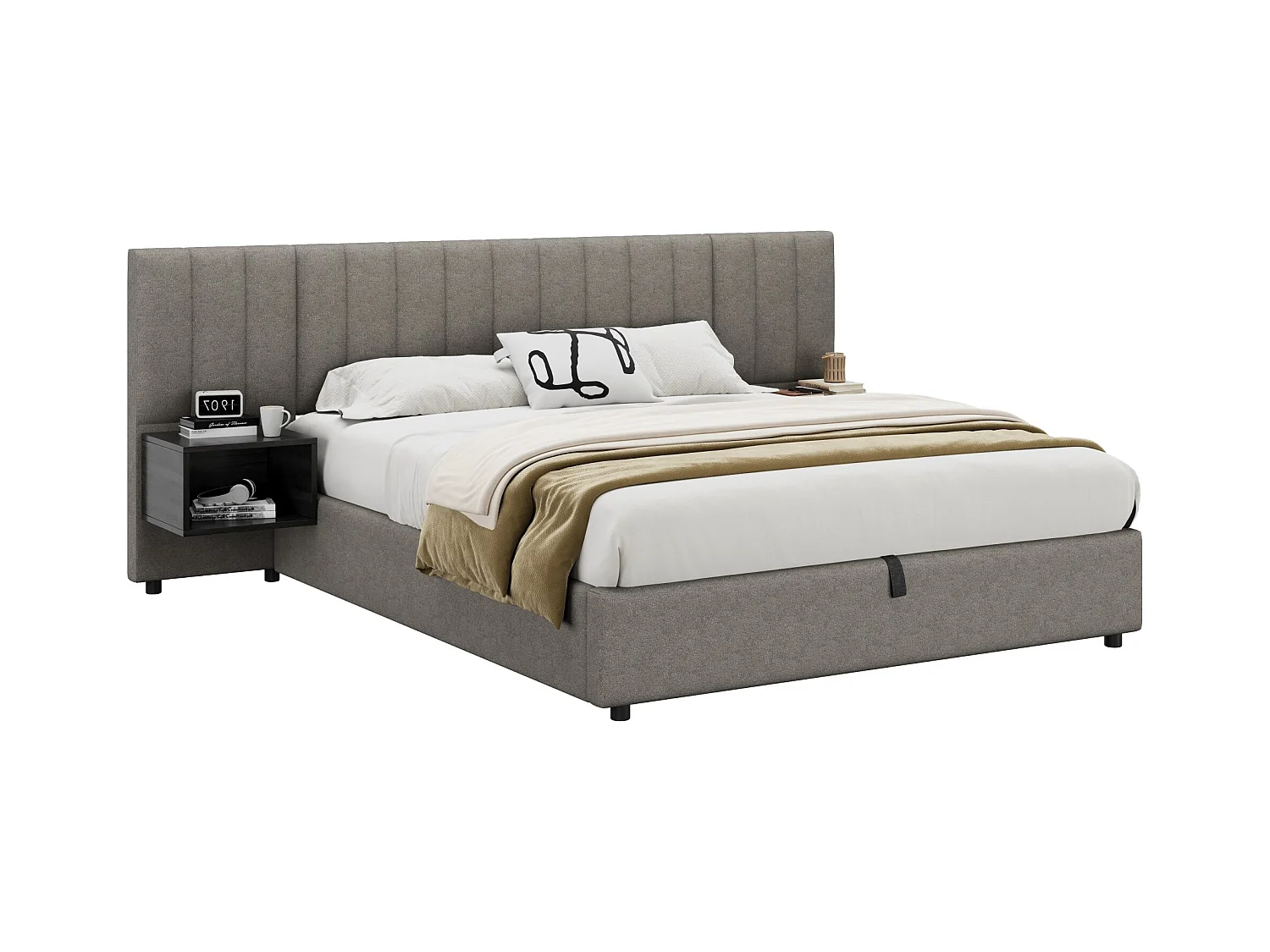 Cama box cinza 160x200 com armazenamento hidráulico, estrado de ripas e 2 mesas de cabeceira