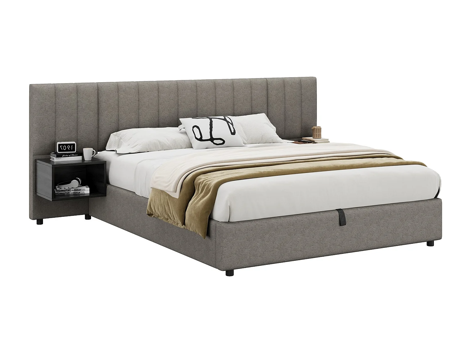 Caffetteria illuminata 160x200 in tessuto grigio con rangement idraulico, sommier da latte e 2 tavolini da comodino