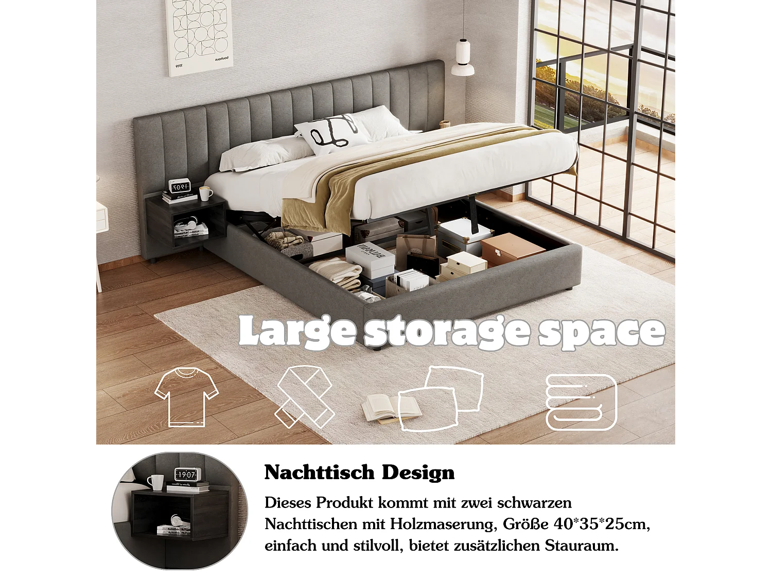 Caffetteria illuminata 160x200 in tessuto grigio con rangement idraulico, sommier da latte e 2 tavolini da comodino