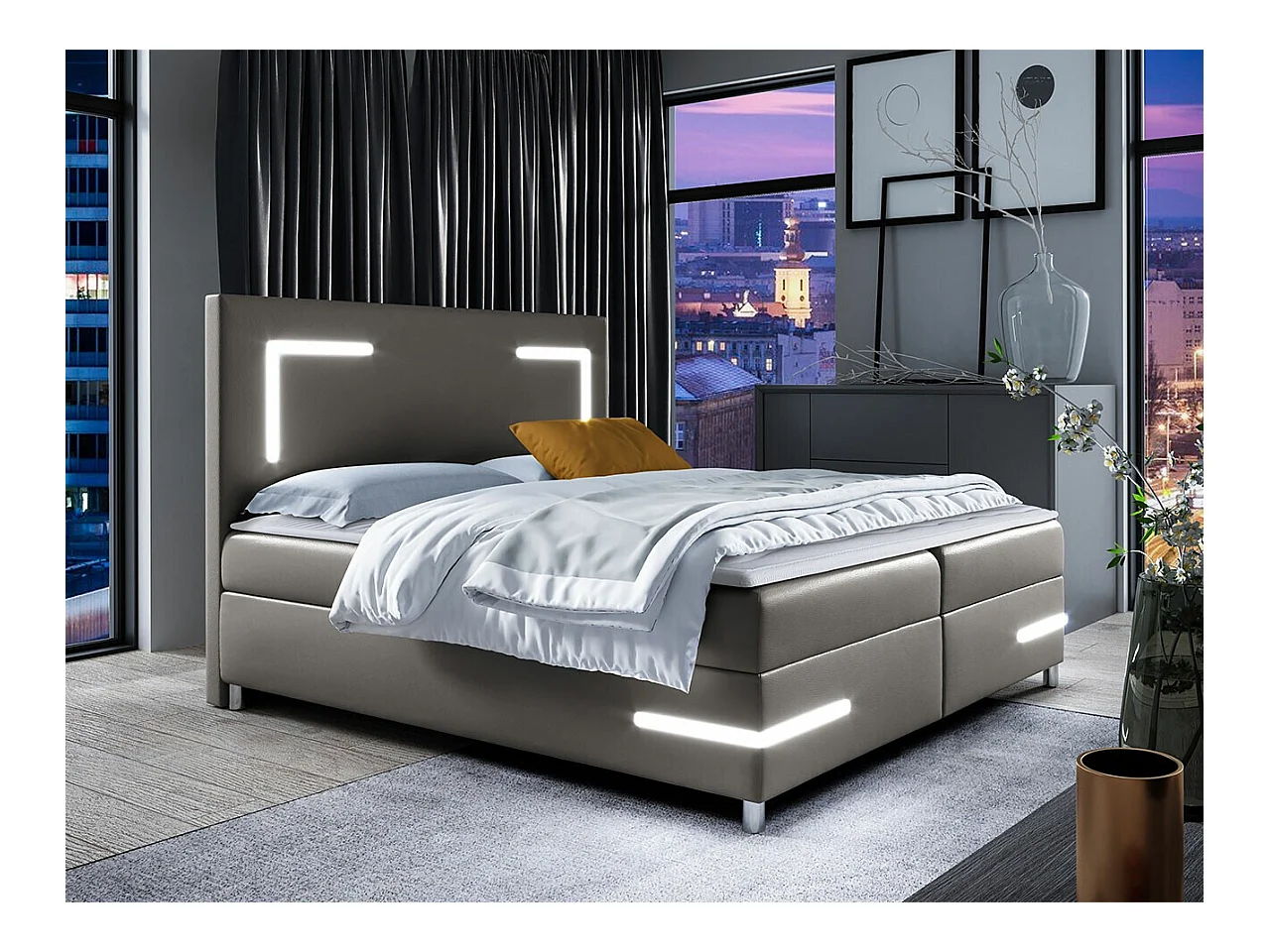 Cama continental Baltimore 173, Continental, Doble, Gris, 200x200, Cuero ecológico, 200cm