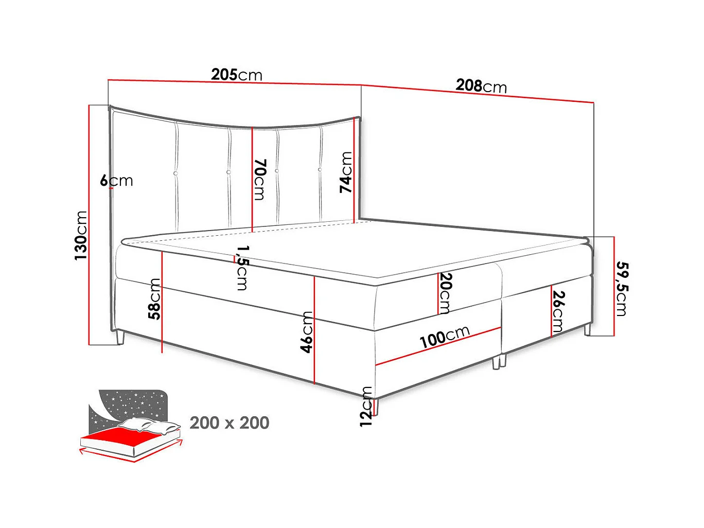 Cama continental Baltimore 178, Continental, Vermelho, Tecido