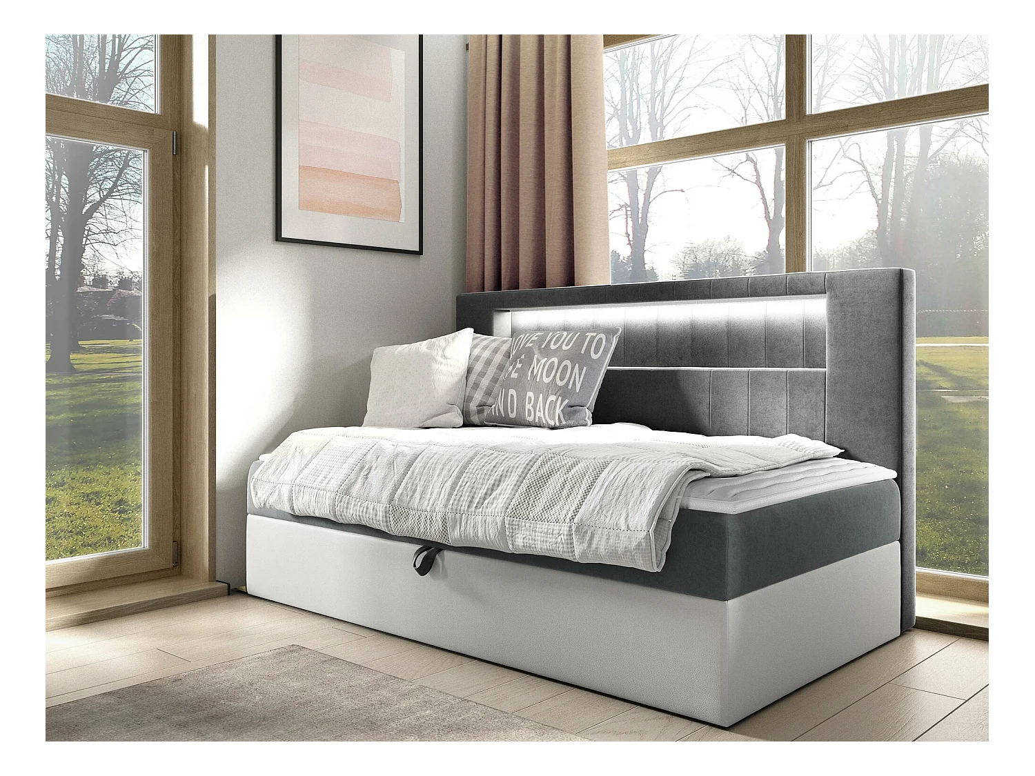 Cama continental Baltimore 168, Solteiro, Cinzento, Couro Ecológico