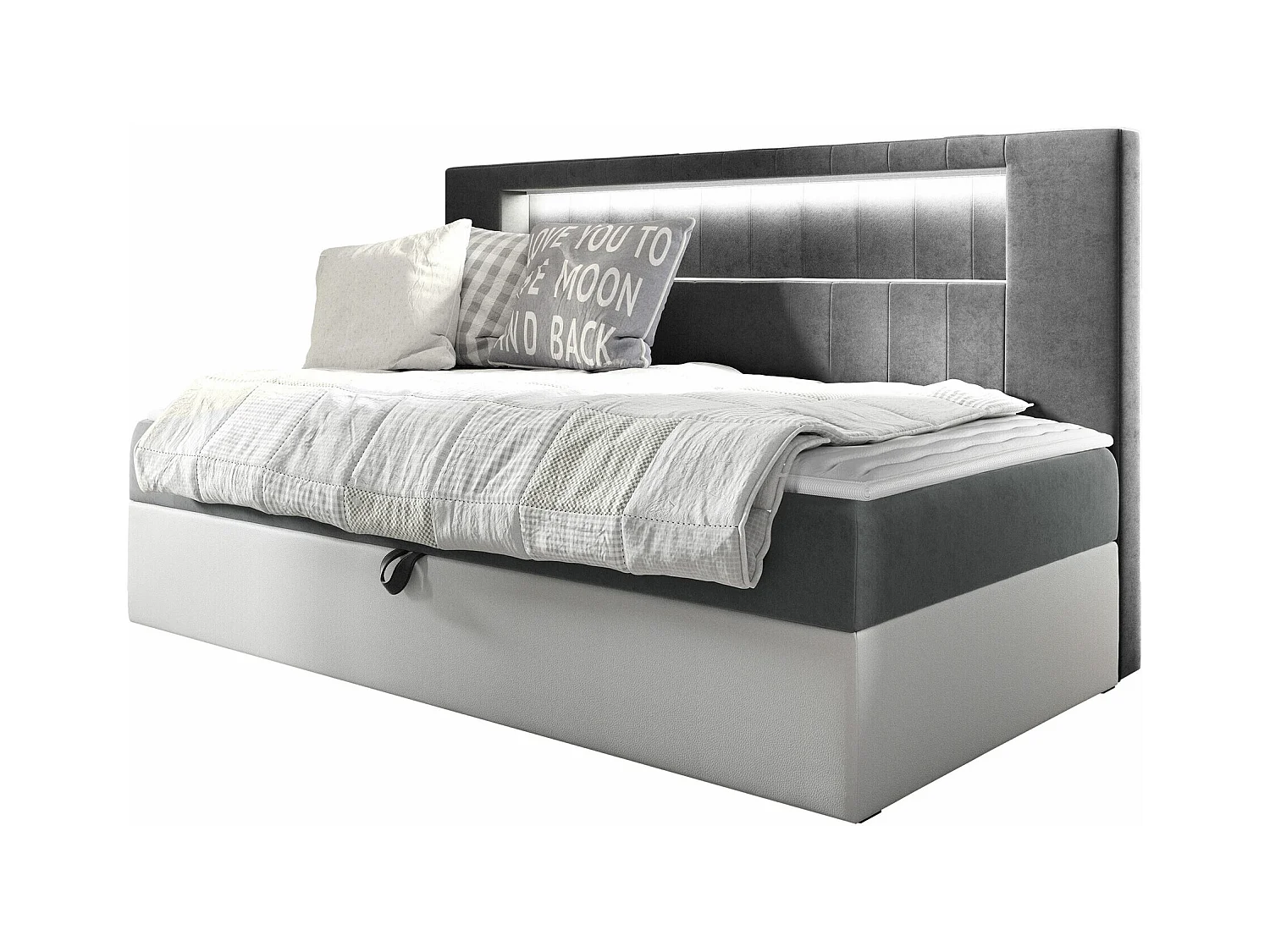 Cama continental Baltimore 168, Solteiro, Cinzento, Couro Ecológico