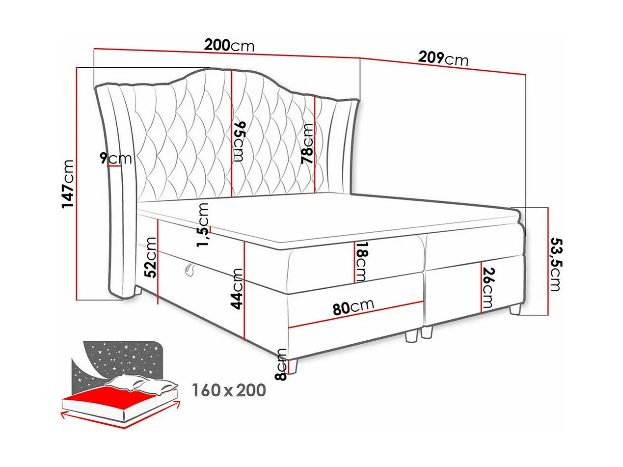 Cama continental Baltimore 183, Continental, Doble, Gris, 160x200, Tapiz, 200x209x147cm