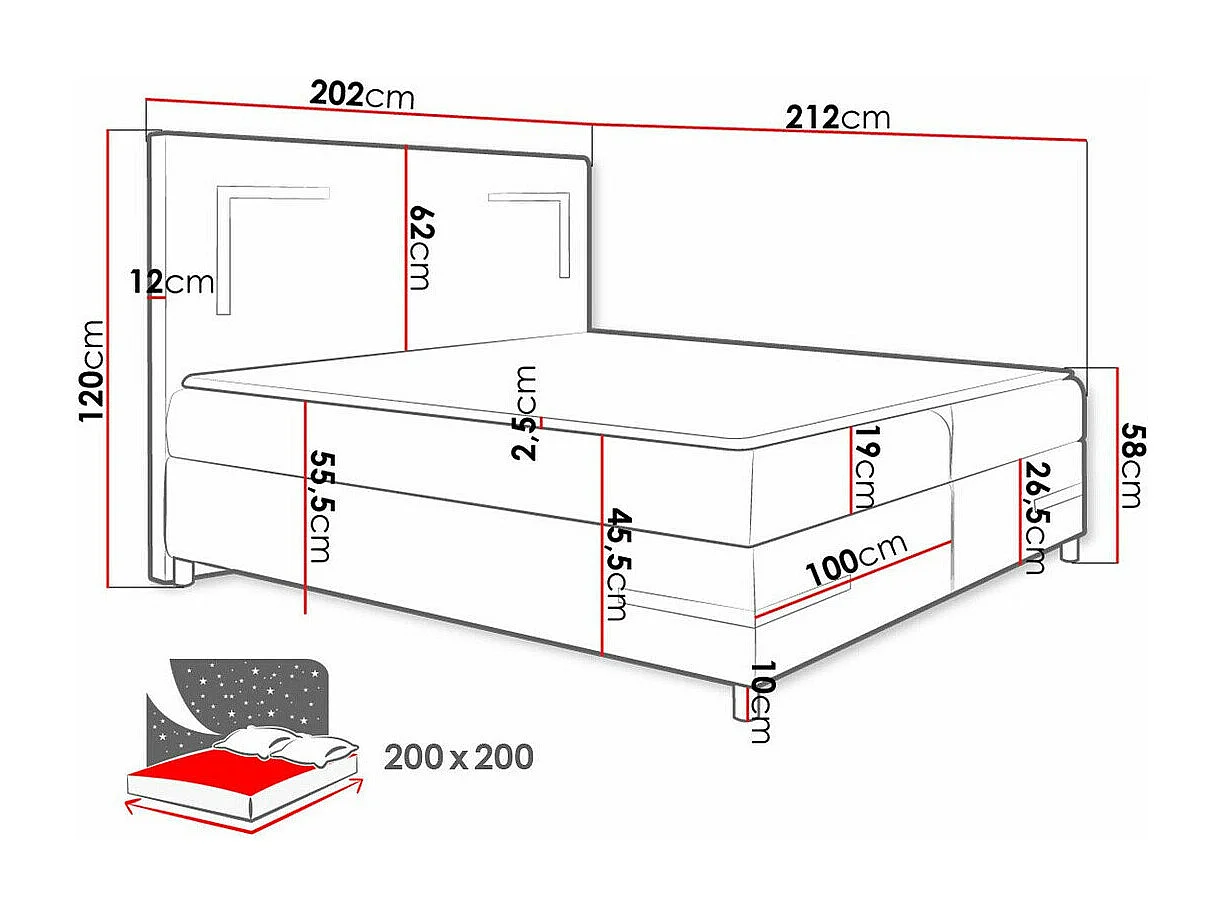 Cama continental Baltimore 173, Continental, Doble, Negro, 200x200, Cuero ecológico,