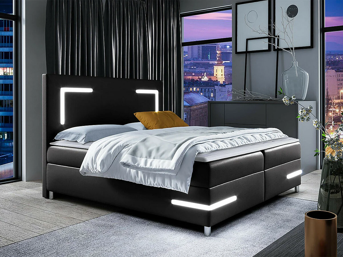 Cama continental Baltimore 173, Continental, Doble, Negro, 200x200, Cuero ecológico,