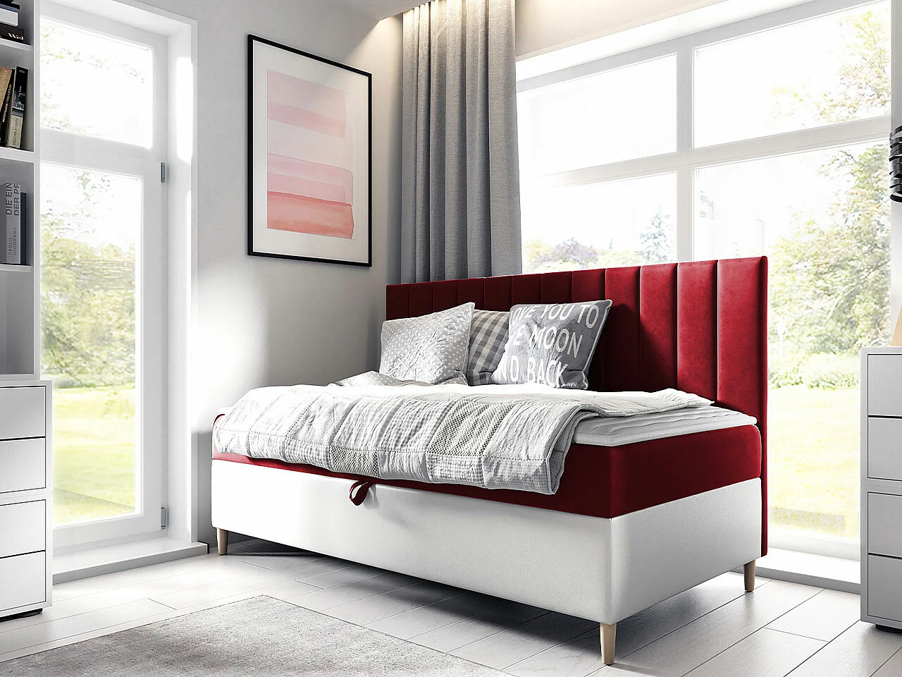 Letto continentale Baltimore 165, Continentale, Singolo, Rosso, 80x200, Arazzo|Eco-pelle