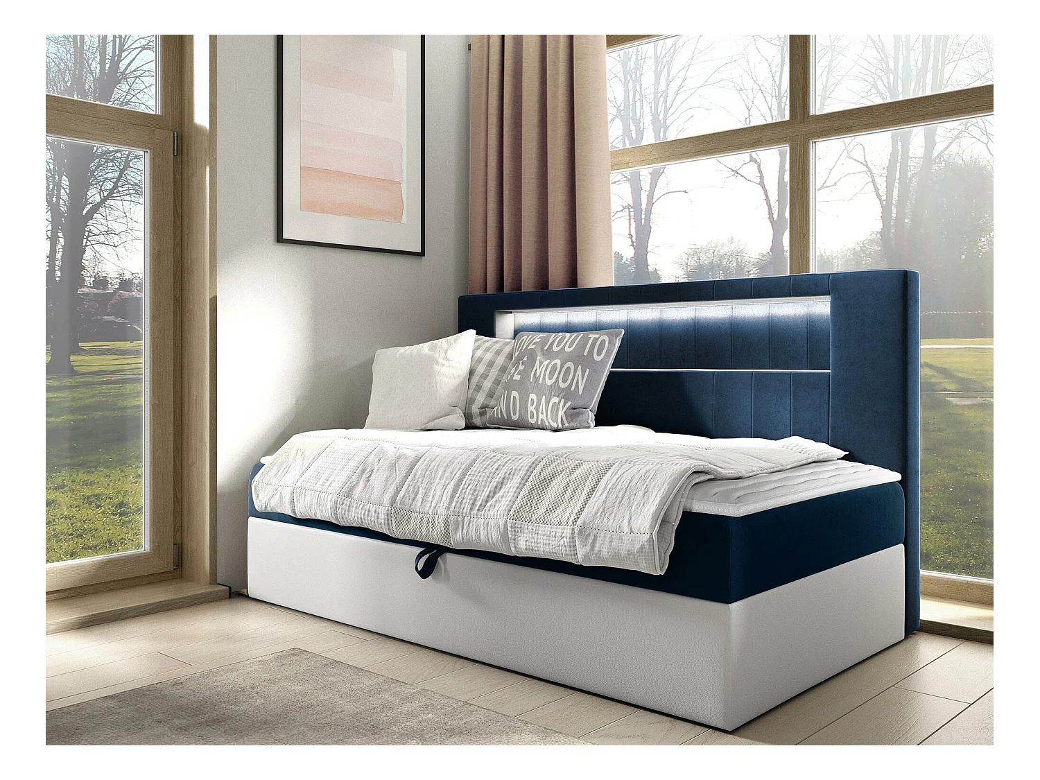 Cama continental Baltimore 168, Solteiro, Azul, Couro Ecológico