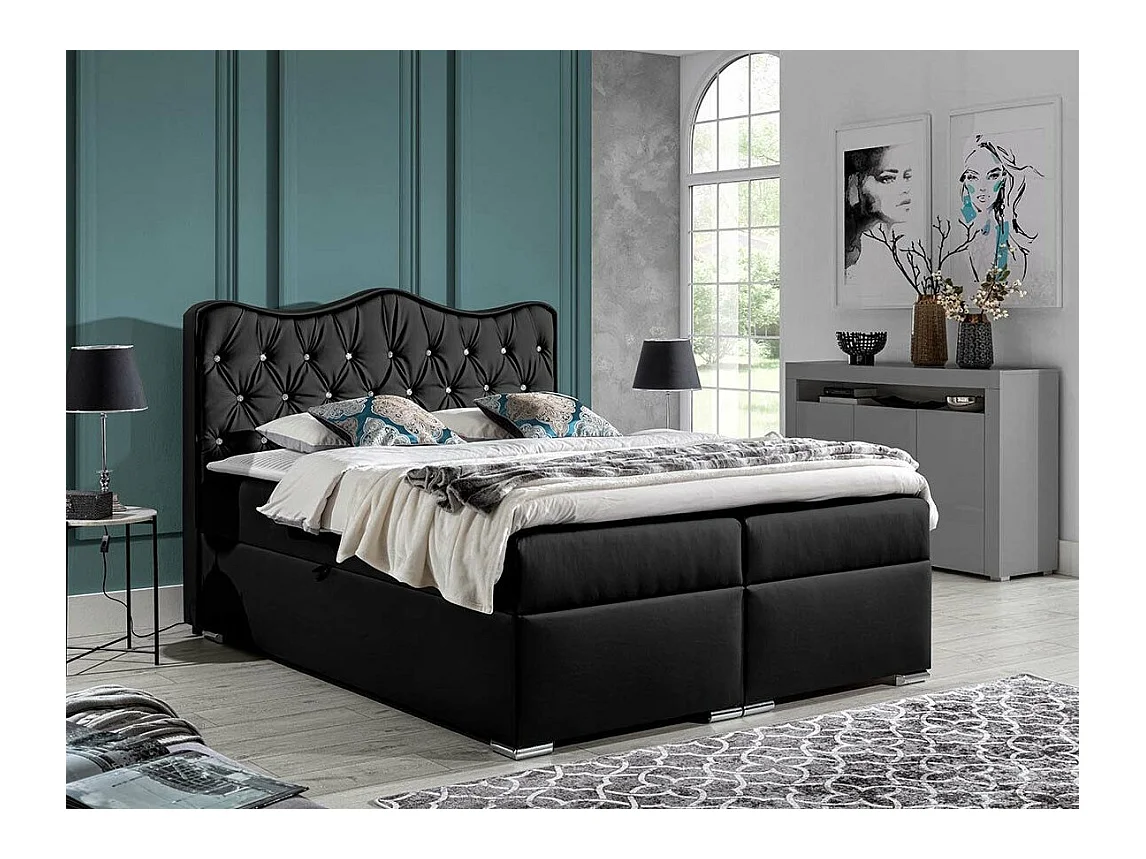Cama continental Baltimore 162, Doble, Continental, Negro, 200x200, Cuero ecológico,