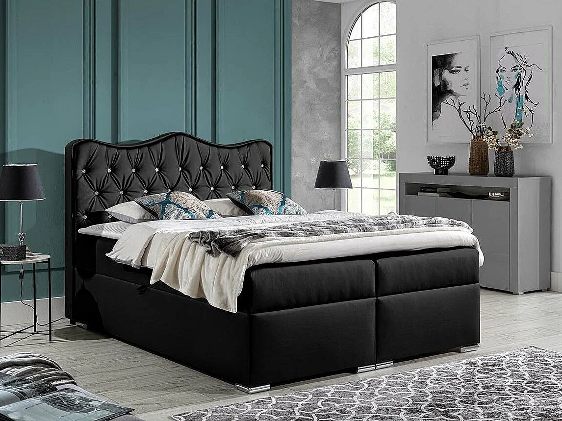Cama continental Baltimore 162, Doble, Continental, Negro, 200x200, Cuero ecológico,