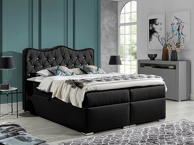 Cama continental Baltimore 162, Doble, Continental, Negro, 200x200, Cuero ecológico,