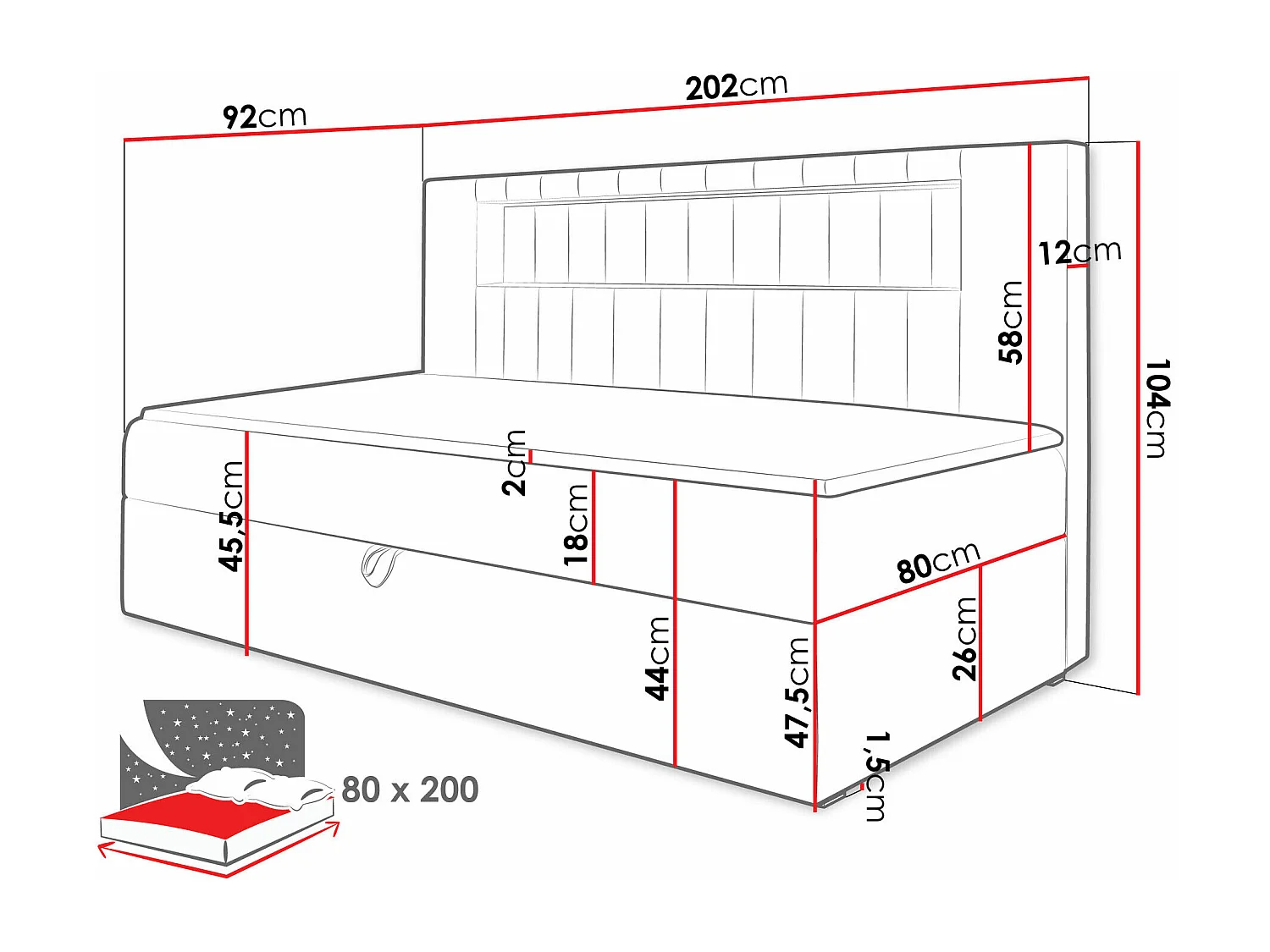 Cama continental Baltimore 168, Solteiro, Vermelho, Eco couro