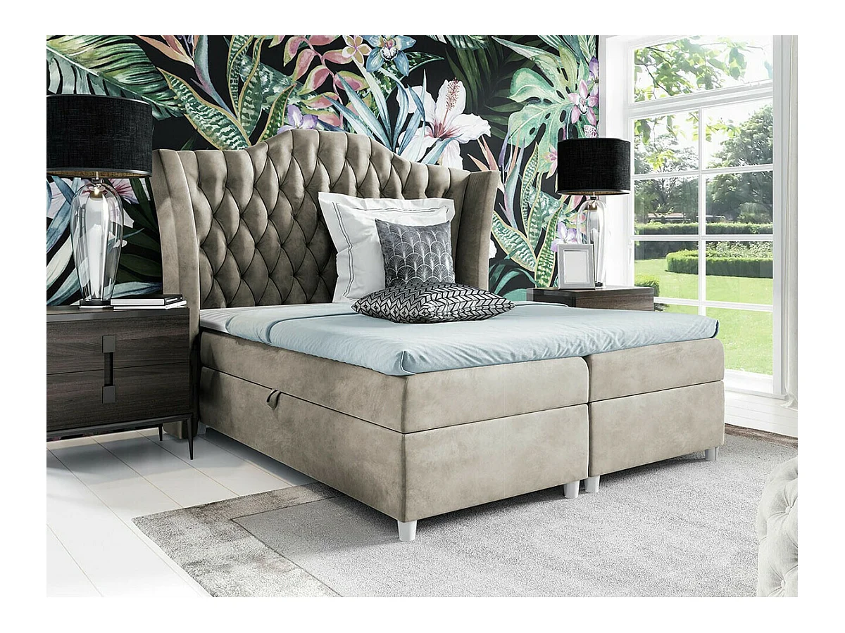 Cama continental Baltimore 183, Casal, Castanho claro, Tecido