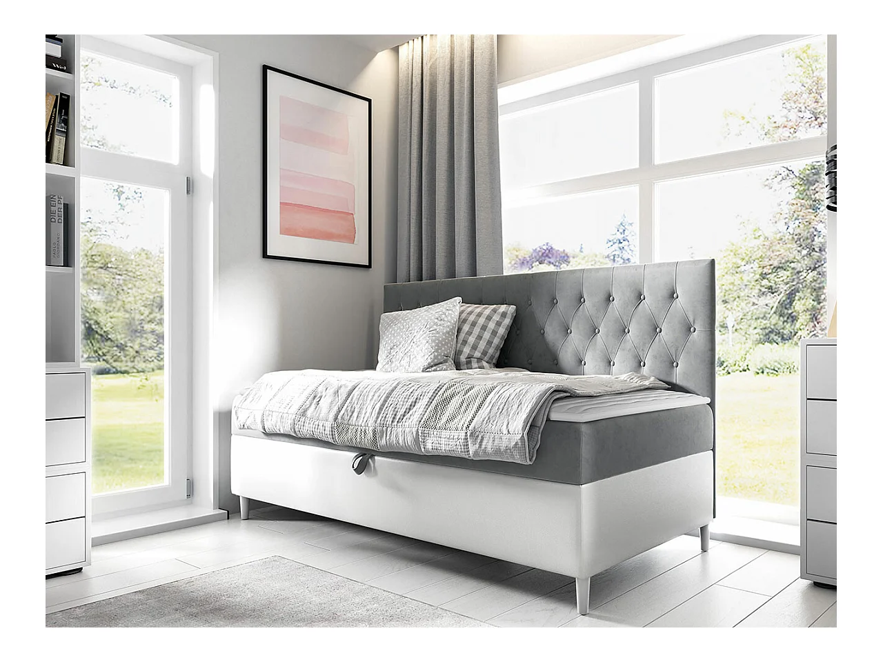 Cama continental Baltimore 166, Solteiro, Cinzento, Tecido, 9x20x12cm