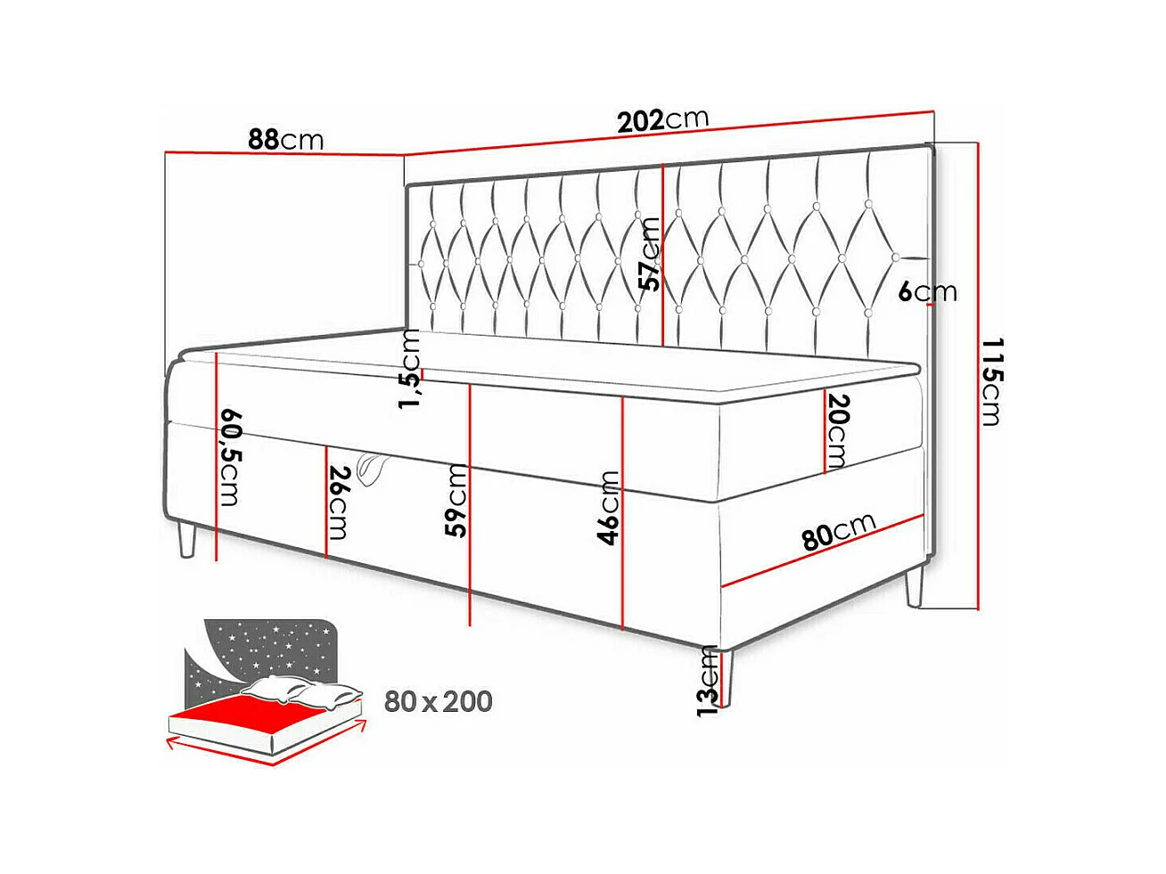 Cama continental Baltimore 166, Solteiro, Cinzento, Tecido, 9x20x12cm