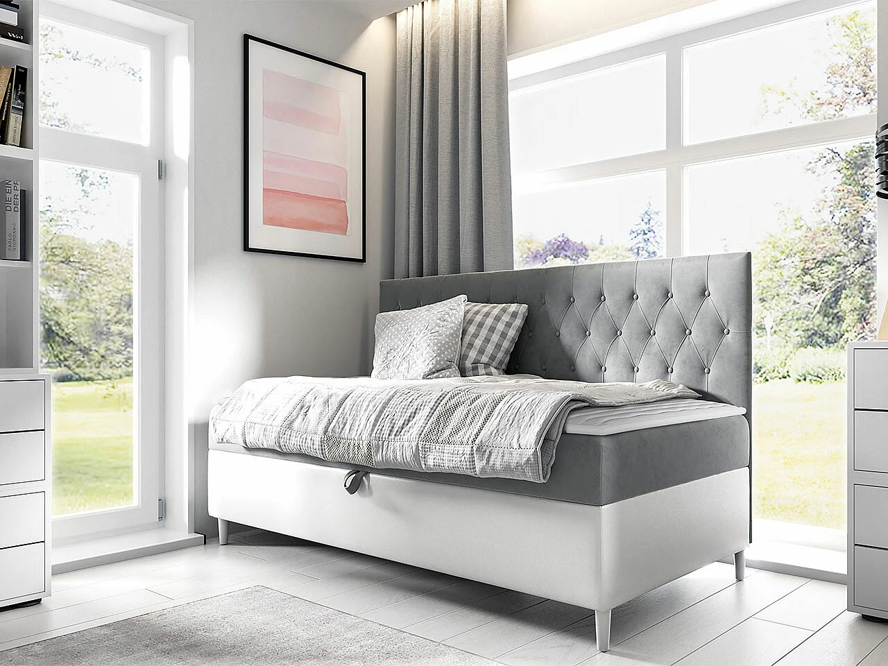 Lit continental Baltimore 166, Continental, Unique, Gris, 80x200, Tissu|Faux cuir, 88cm