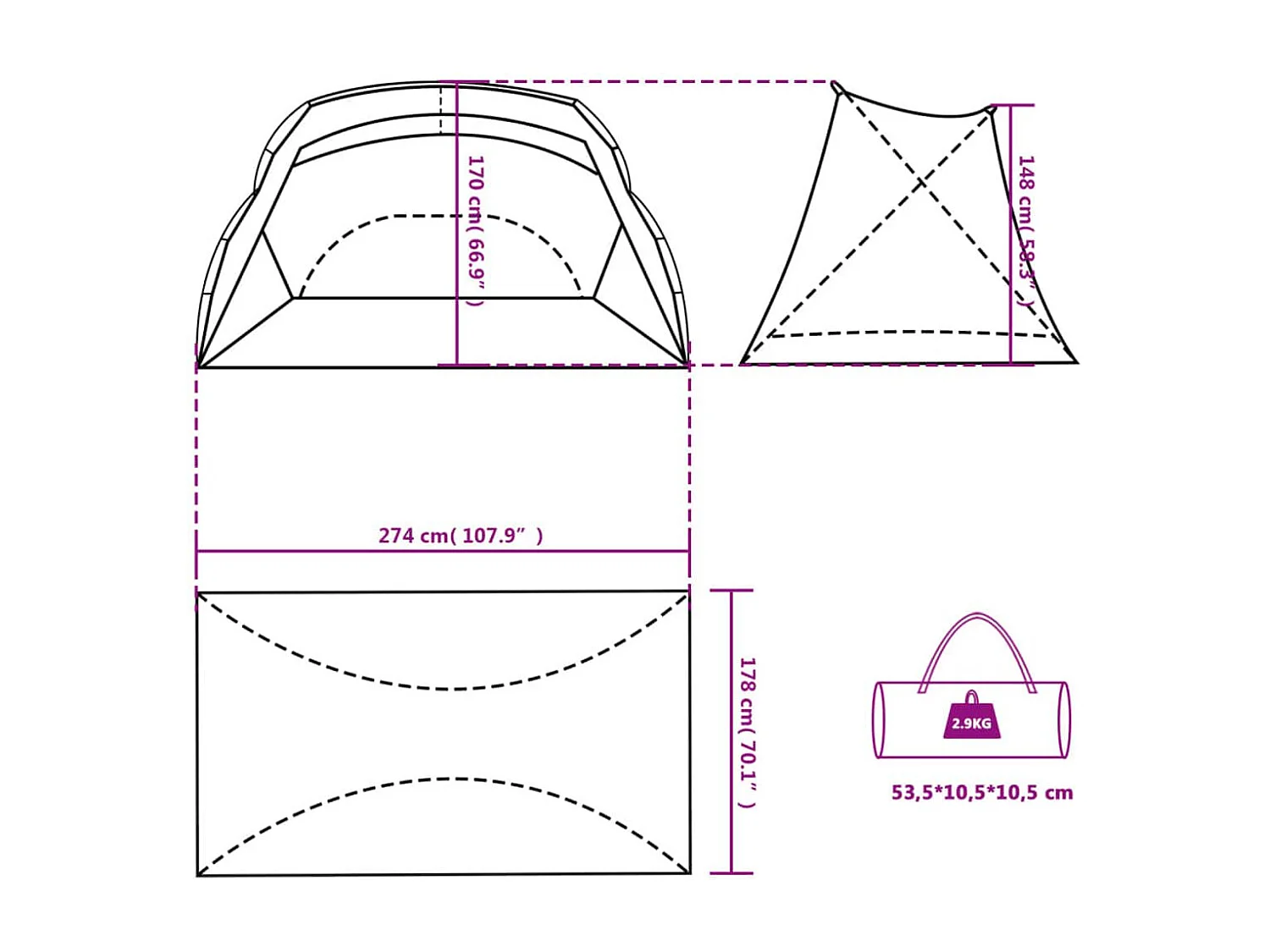 Tienda de playa Taiffa tafetán azul 170-148x274x178 cm