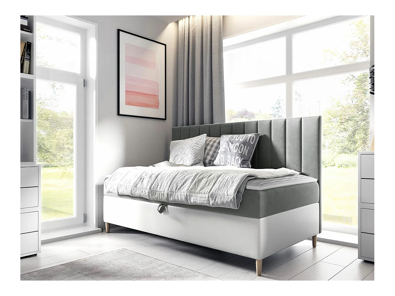 Lit continental Baltimore 165, Continental, Unique, Gris, 80x200, Tapisserie|Faux cuir,