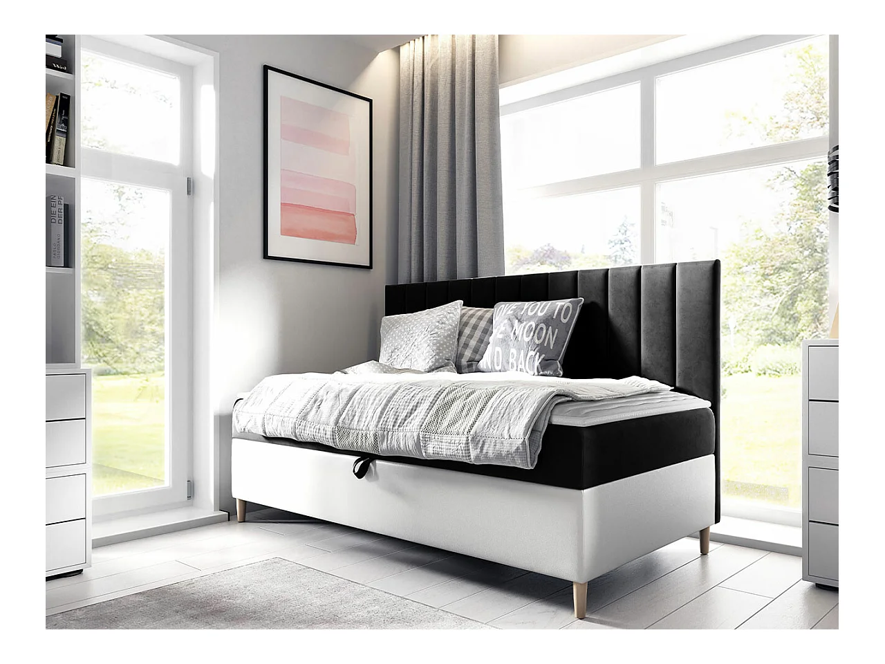 Cama continental Baltimore 165, Solteiro, Cinzento, Couro Ecológico