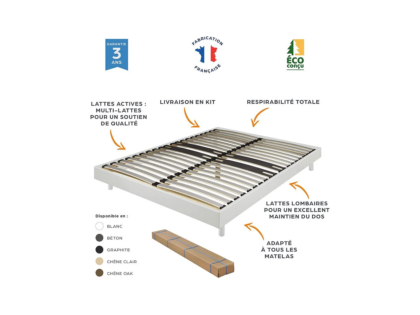 Matelas et sommier 90x190 Mousse - Maryland - Soutien ferme - Sommier en kit - Chêne