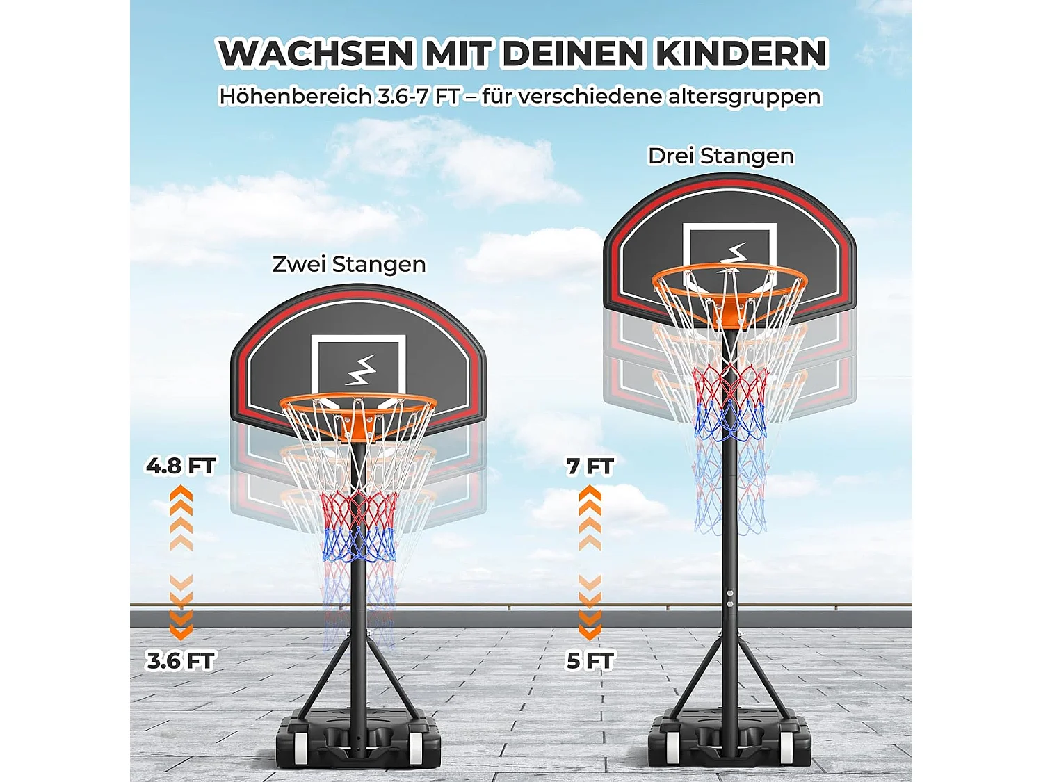 YOLEO Basketbalnetje voor Kinderen, Hoogteverstelbaar 110-210 cm, Draagbare Basketbalstandaard met Wieltjes