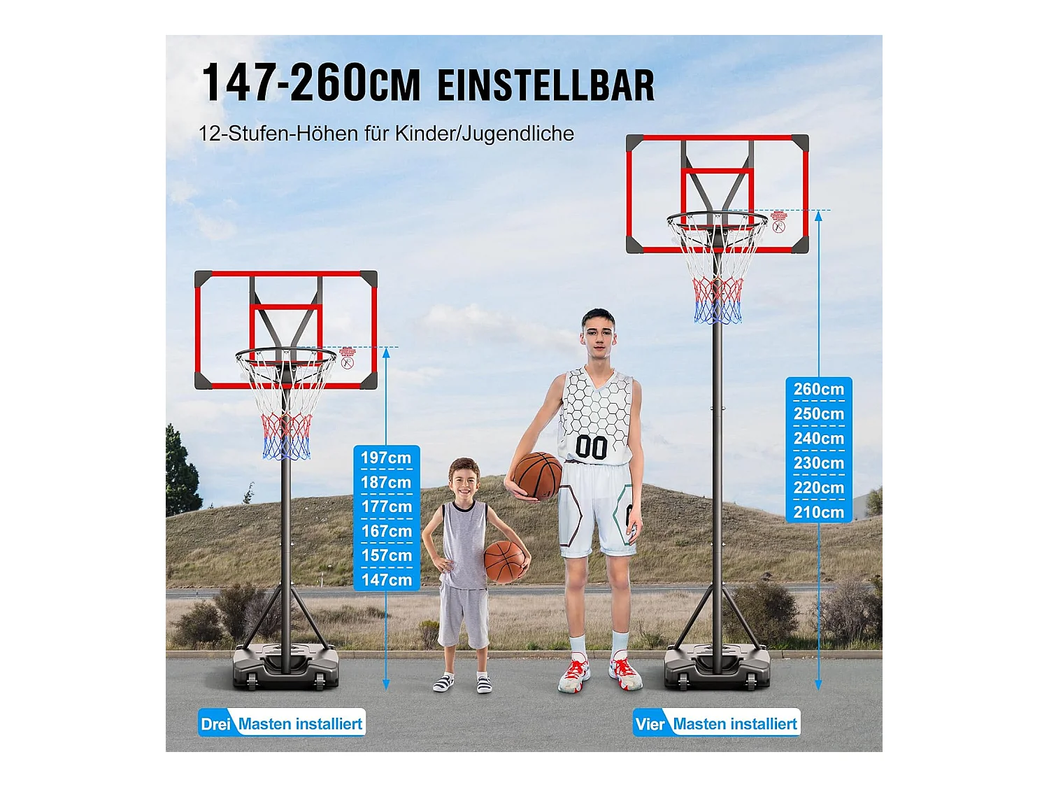 Panier de Basketball Extérieur avec Support, Hauteur Réglable 147-260 cm, Base Élargie et Roues, Usage Intérieur et Extérieur