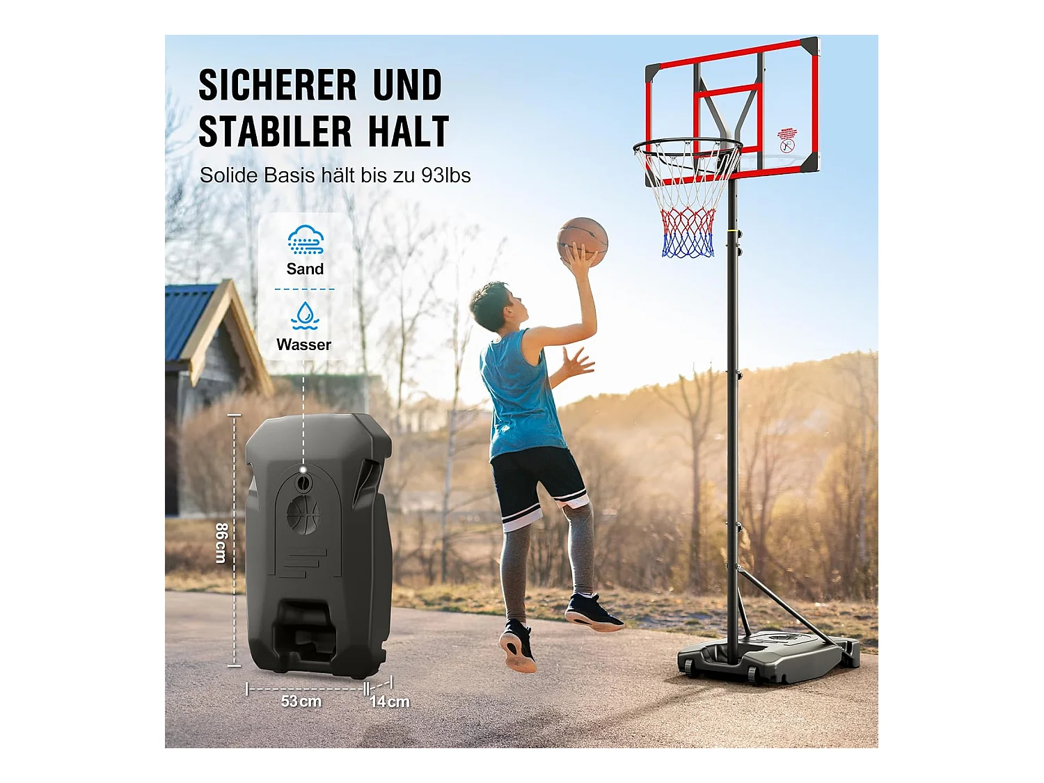 Panier de Basketball Extérieur avec Support, Hauteur Réglable 147-260 cm, Base Élargie et Roues, Usage Intérieur et Extérieur