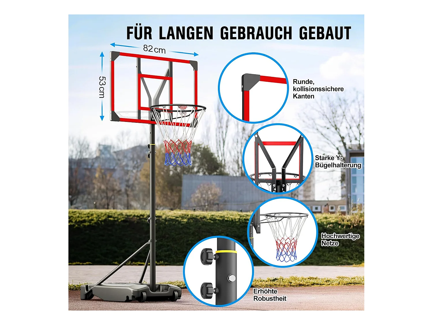 Panier de Basketball Extérieur avec Support, Hauteur Réglable 147-260 cm, Base Élargie et Roues, Usage Intérieur et Extérieur