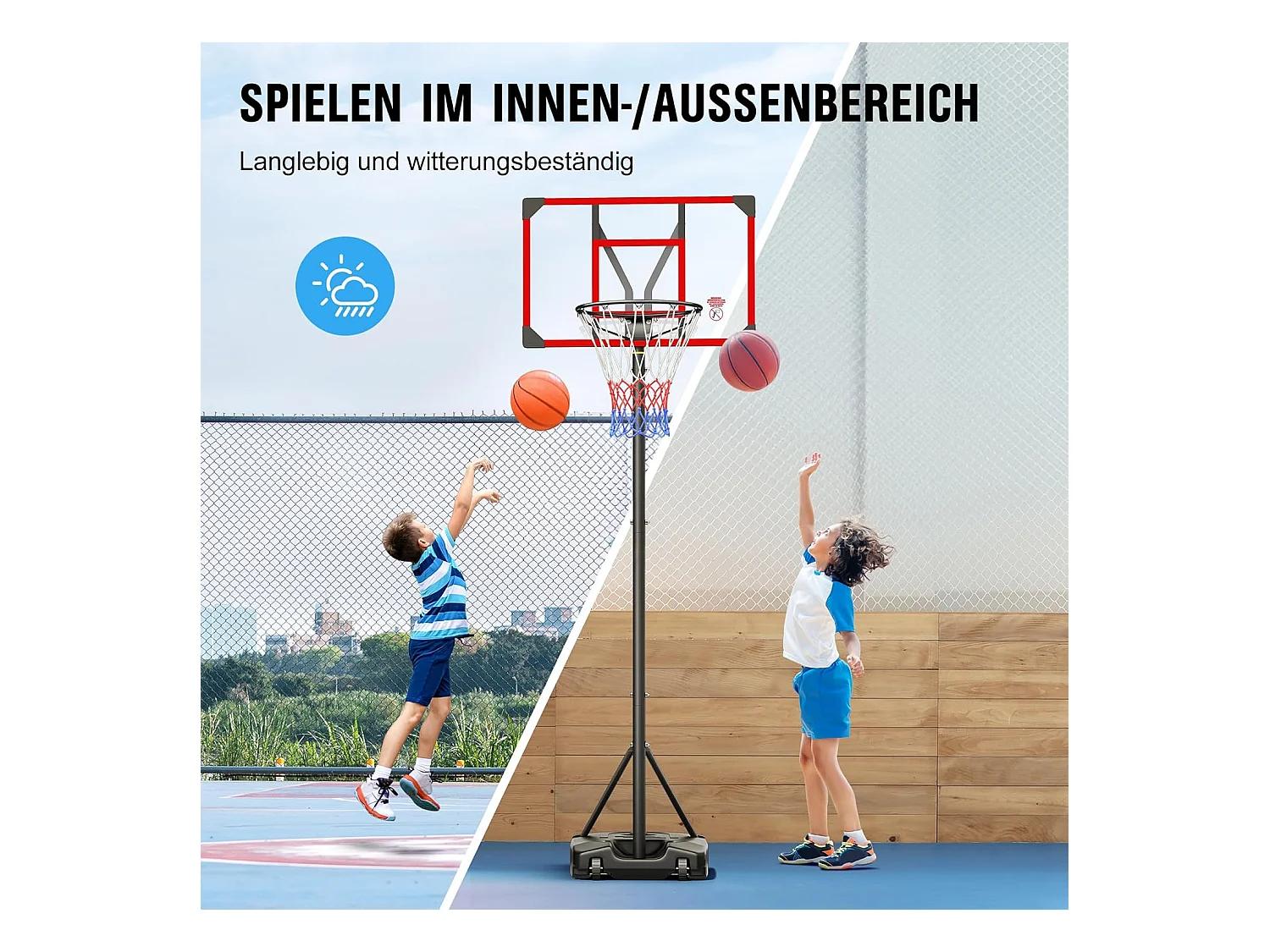 Panier de Basketball Extérieur avec Support, Hauteur Réglable 147-260 cm, Base Élargie et Roues, Usage Intérieur et Extérieur