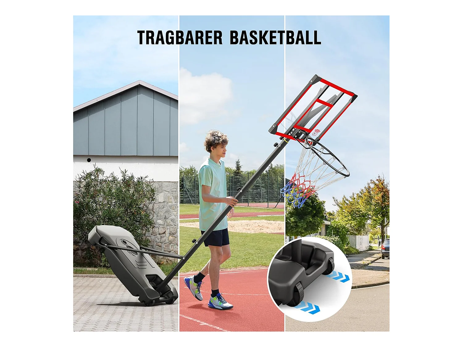 Panier de Basketball Extérieur avec Support, Hauteur Réglable 147-260 cm, Base Élargie et Roues, Usage Intérieur et Extérieur