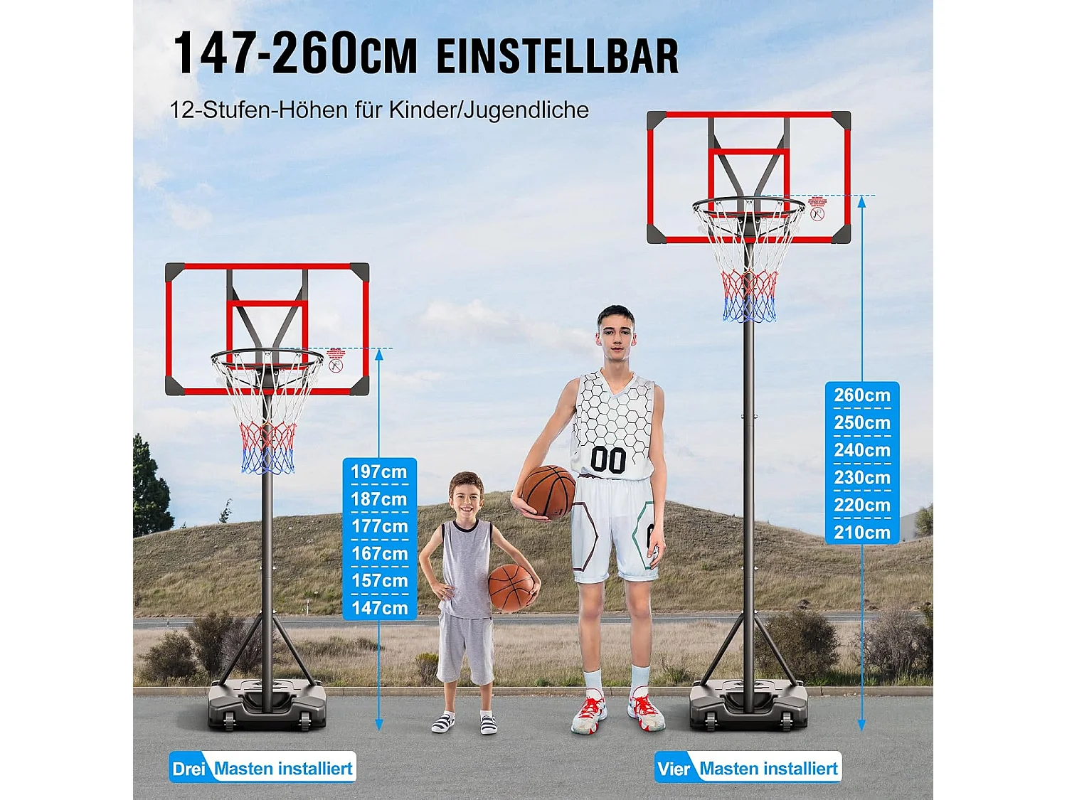 Panier de Basketball Extérieur avec Support, Hauteur Réglable 147-260 cm, Base Élargie et Roues, Usage Intérieur et Extérieur