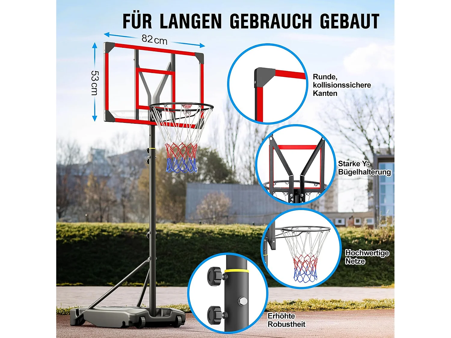 Panier de Basketball Extérieur avec Support, Hauteur Réglable 147-260 cm, Base Élargie et Roues, Usage Intérieur et Extérieur