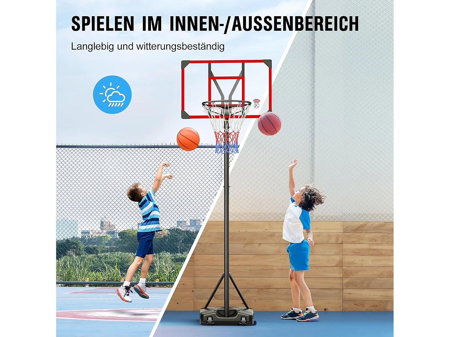 Panier de Basketball Extérieur avec Support, Hauteur Réglable 147-260 cm, Base Élargie et Roues, Usage Intérieur et Extérieur