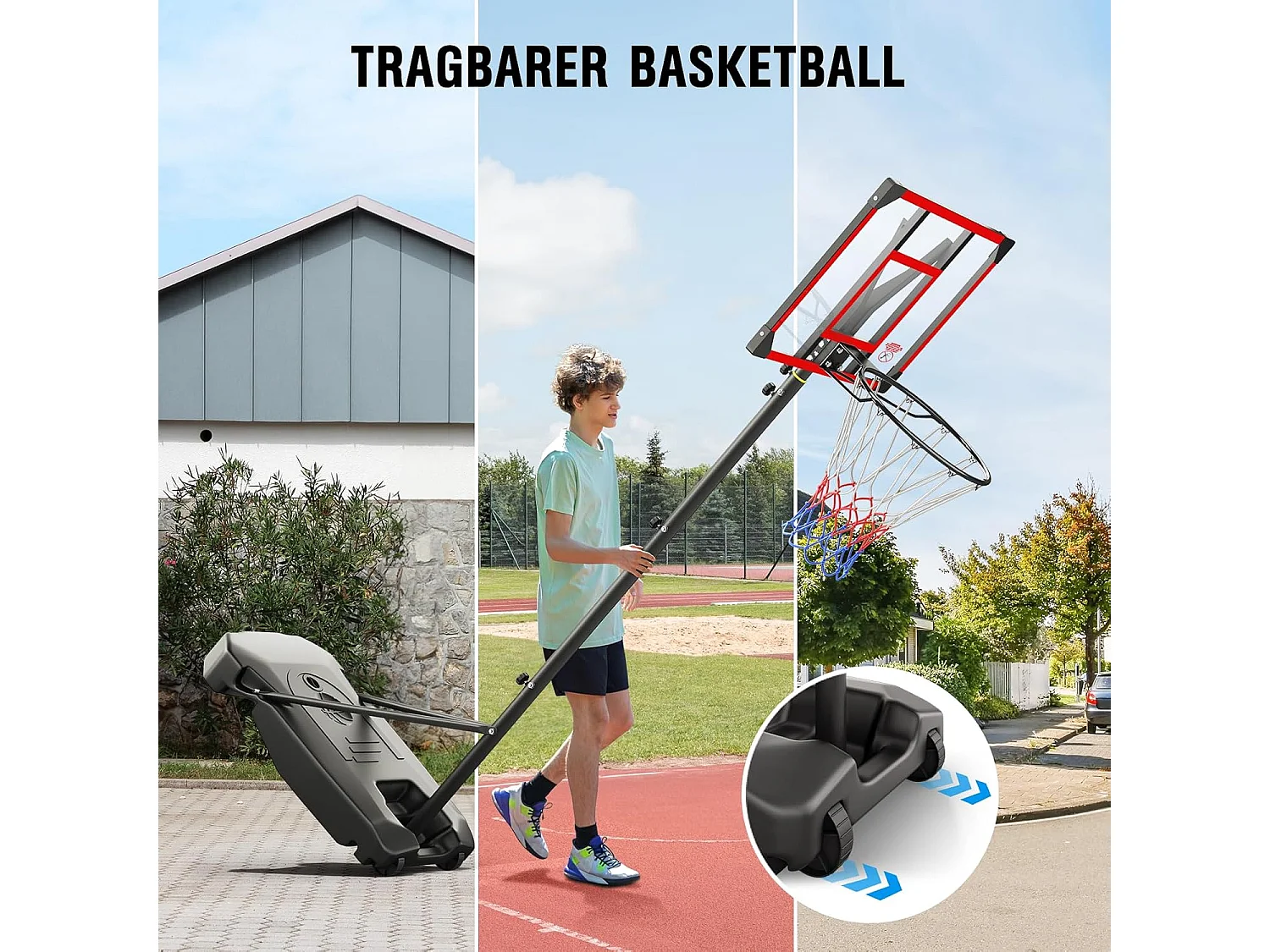 Panier de Basketball Extérieur avec Support, Hauteur Réglable 147-260 cm, Base Élargie et Roues, Usage Intérieur et Extérieur